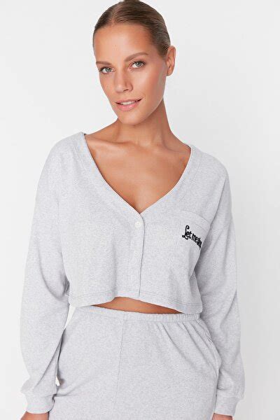 Trendyol Collection Pajama Set Gray Plain Trendyol