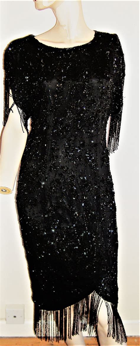 GREAT Gatsby Vintage Tiered Fringed 1980s Heavily Beaded Silk Dress Uk