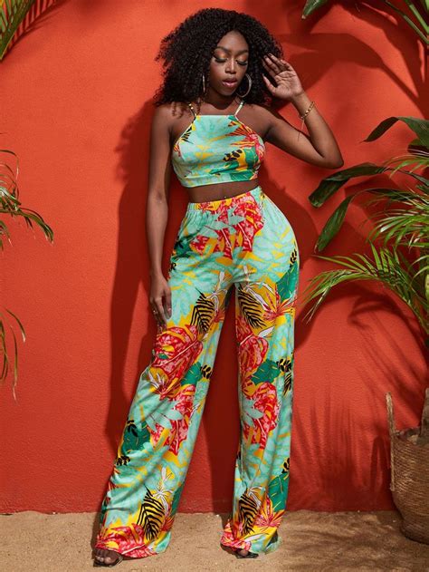 Shein Sxy Tropical Print Cami Crop Top And Wide Leg Pants Set Crop Top