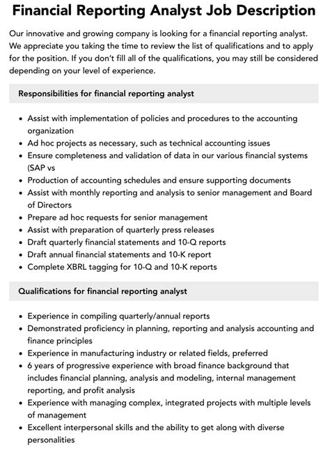 Financial Reporting Analyst Job Description Velvet Jobs