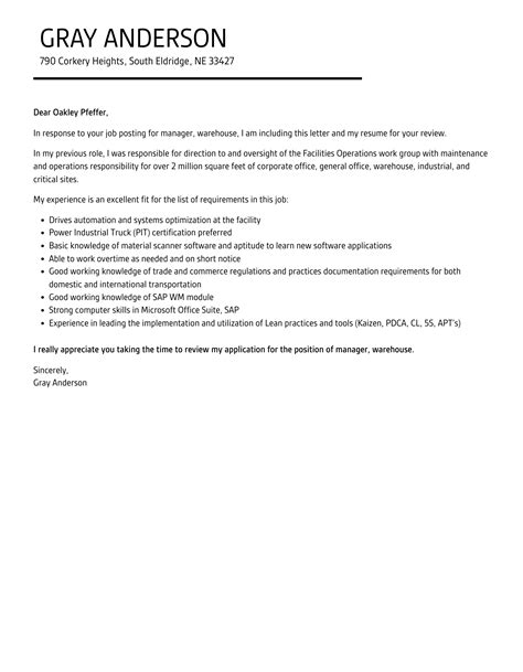 Manager Warehouse Cover Letter Velvet Jobs