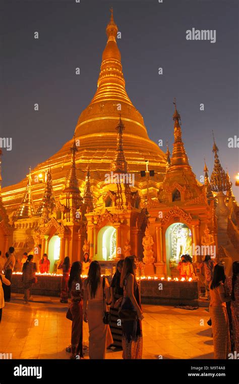 Myanmar Yangon Shwedagon Pagoda People Night Illuminated Stock