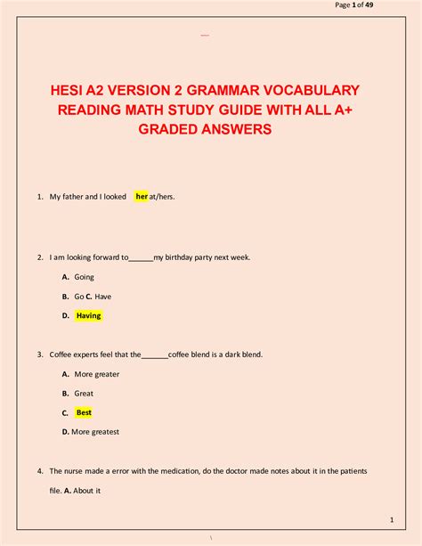 Hesi A2 V1 V2 Grammar Vocab Biology Readinganatomy And Math Docmerit