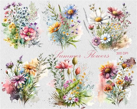 Watercolor Wild Flowers Clipart, Commercial Use - Etsy