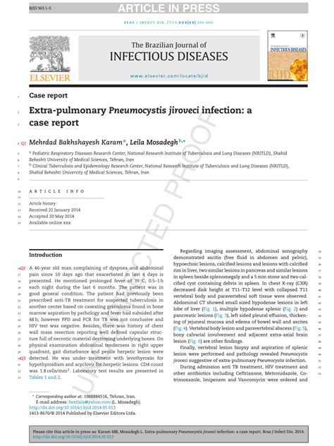 Pdf Extra Pulmonary Pneumocystis Jiroveci Infection A Case Report