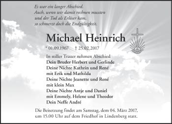 Traueranzeigen von Michael Heinrich Märkische Onlinezeitung Trauerportal