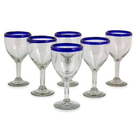 Novica Artisan Handblown Recycled Wine Goblets Mexican Blue Drinkware Cocktail Glasses Cobalt