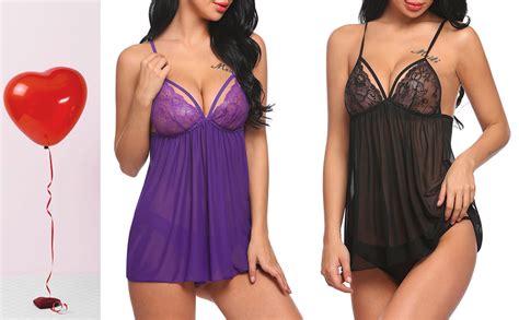 Women V Neck Lace Babydoll Mesh Chemise Sleepwear Backless Lingerie Rose Red Medium At Amazon