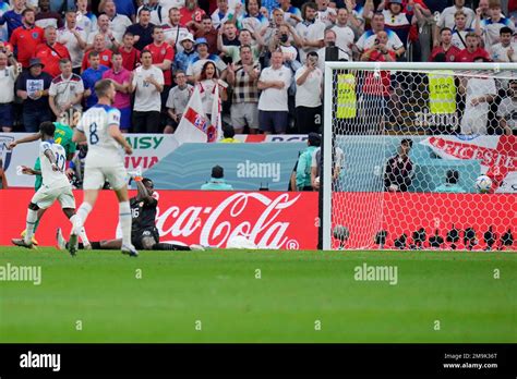 England's Bukayo Saka scores his side's third goal during the World Cup ...