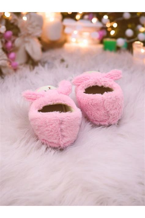 kiz cocuk pembe panduf kislik yumusak pelus ev ayakkabisi