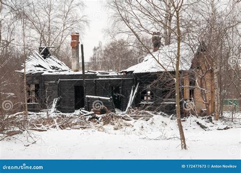 Winter Landscape With Burnt Wooden House Stock Image Image Of