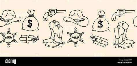 Cowboy Sheriff Wild West Seamless Vector Border Cowboy Boots Hat