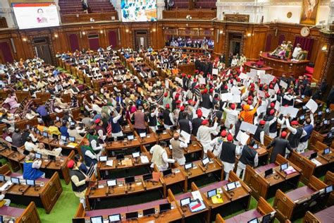 Samajwadi Party Leaders Raise Slogans During The Budget Session Of