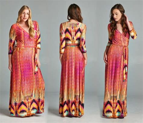 Bohemian Tropical Sunset Jersey Maxi Dress Faux Wrap Skirt Boho Cruise