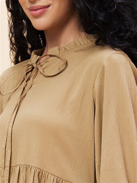 Globus Women Nude Solid Tie Up Frilled Neck Casual A Line Tiered Dress