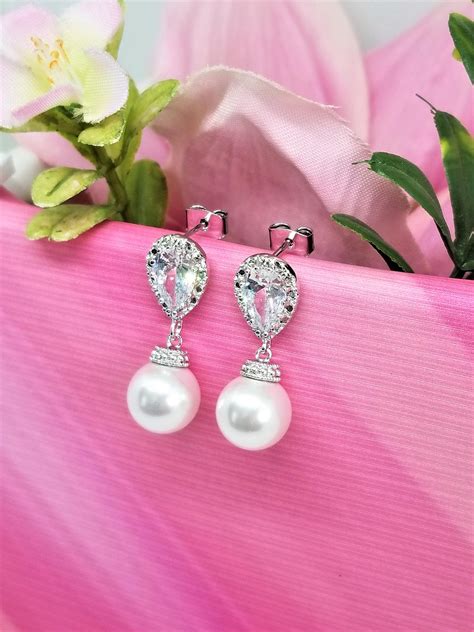 Pearl Drop Wedding Earrings Cubic Zirconia Bridal Earrings Simple Pearl Drop Bridal Earrings