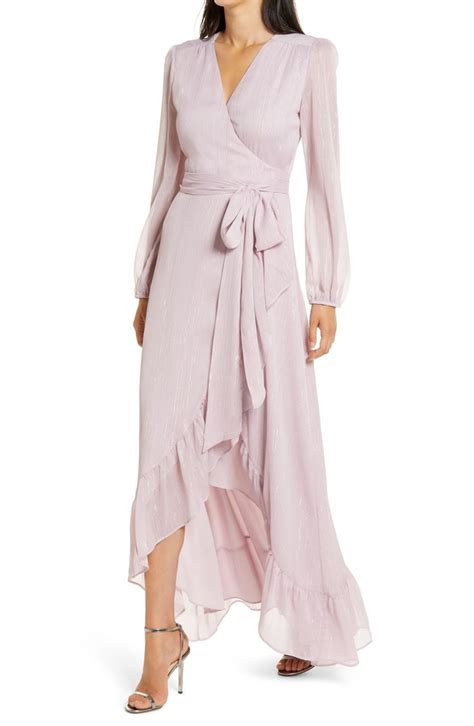 Wayf The Meryl Long Sleeve Metallic Chiffon Wrap Gown Nordstrom Tulip Wrap Dress Elegant