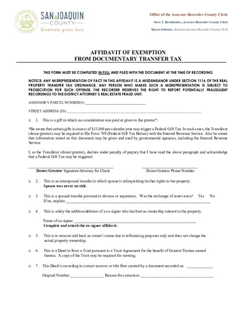 San Joaquin County Transfer Tax Affidavit 2022 2024 Form Fill Out And