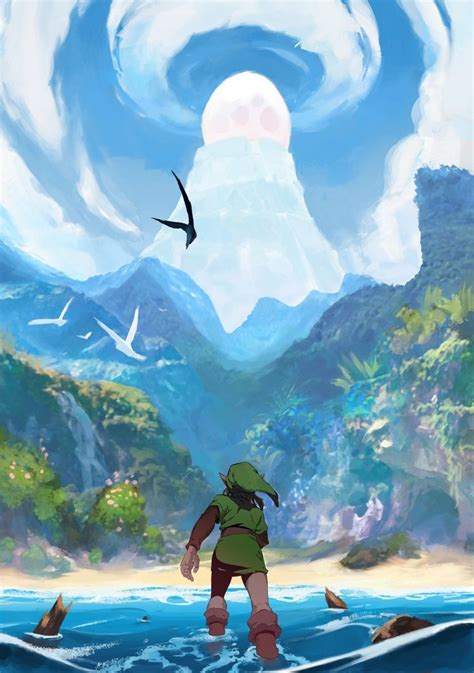 The Legend Of Zelda Is Standing In Front Of An Ocean With Birds Flying