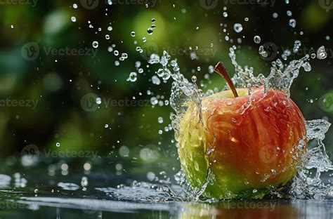 Ai Generated Red Apple Falling Into Water With Splash And Bokeh