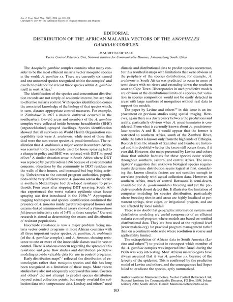 (PDF) Distribution of the African malaria vectors of the