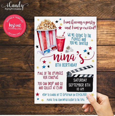 Movie Night Birthday Invitation Cinema Invitation Editable And