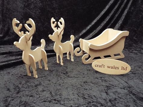 Santa Sleigh And 2 Reindeer Christmas Decoration Xmas Wooden Mdf 270 Mm