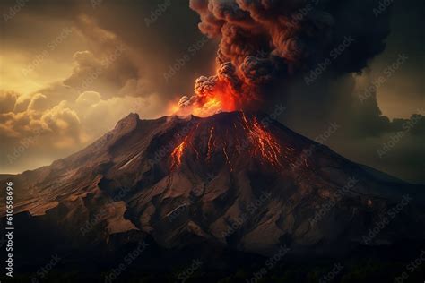 Massive Volcano Eruption A Large Volcano Erupts Hot Lava And Gases