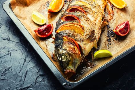 Carpa entera al horno con cítricos Foto Premium