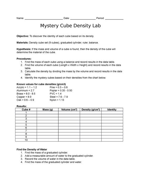 Density Cube Lab With Answers Name Date