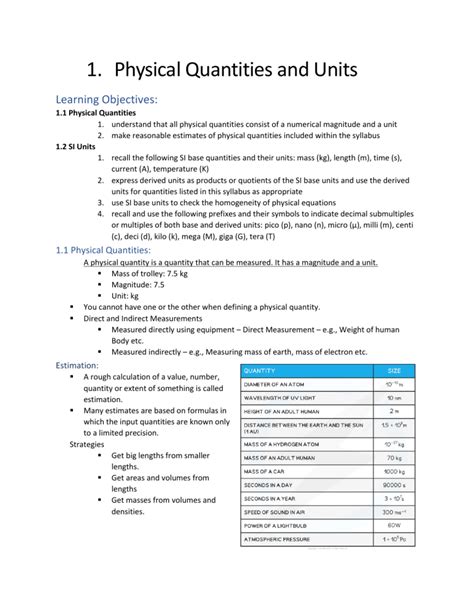 Physical Quantities And Units SI Units Estimation