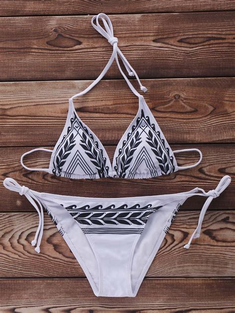 Off String Halter Printed Bikini Set In White Zaful