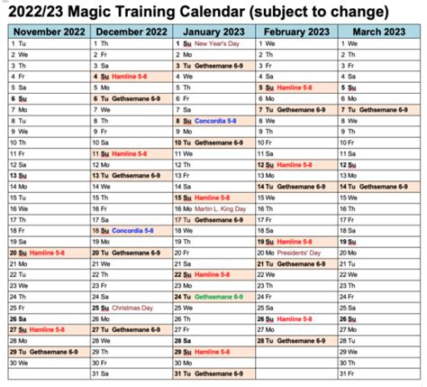 Training Calendar MN Magic Softball