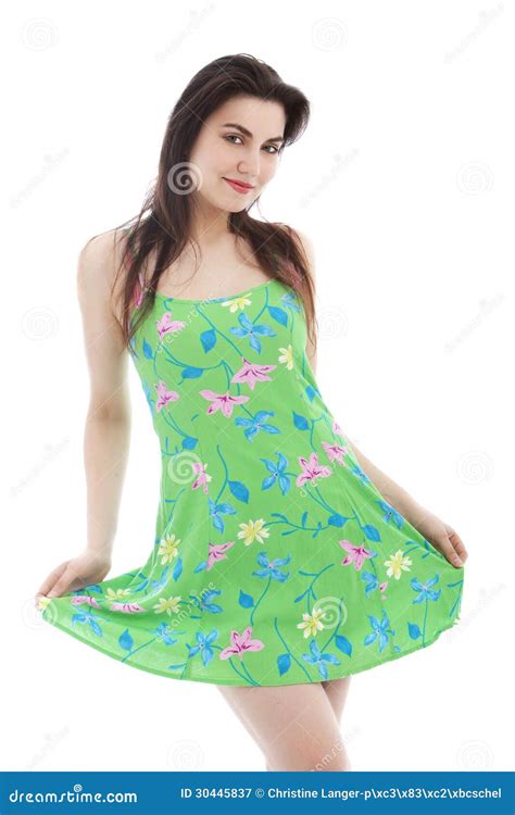 Young Long Haired Woman Wearing Green Dress Pose Stock Image Image