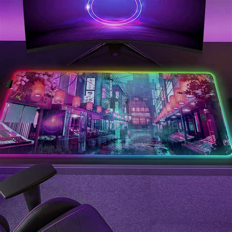 Rgb Desk Mat Gaming Mousepad Led Retro Neon Tokyo Vaporwave Synthwave