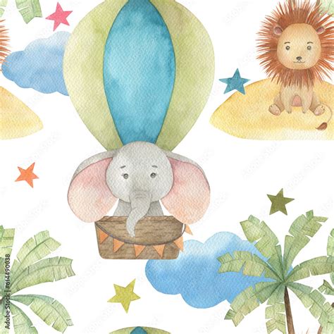 Watercolor Baby Seamless Pattern With Hot Air Balloon Lion Elephant Palm Tree Stars And