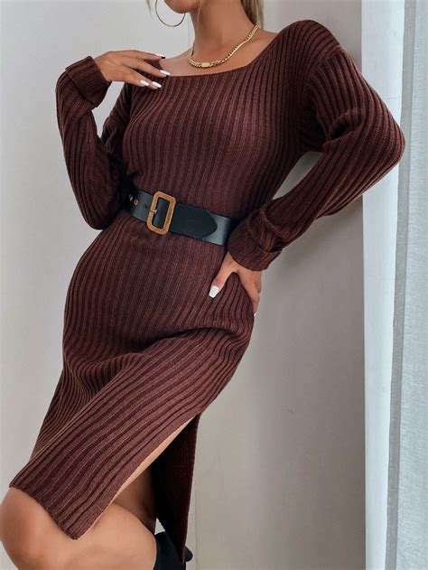 Split Thigh Ribbed Knit Jumper Dress