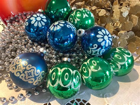 Vintage Usa Made Glass Christmas Ornaments Blue Green Etsy