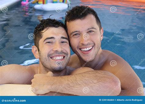 Gorgeous Interracial Gay Couple In Swimming Pool Stock Photo Image Of