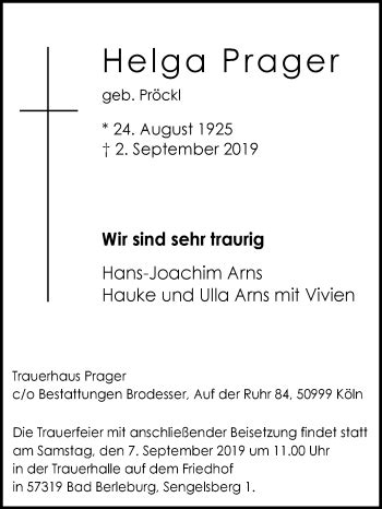 Traueranzeigen Von Helga Prager Trauer In Nrw De