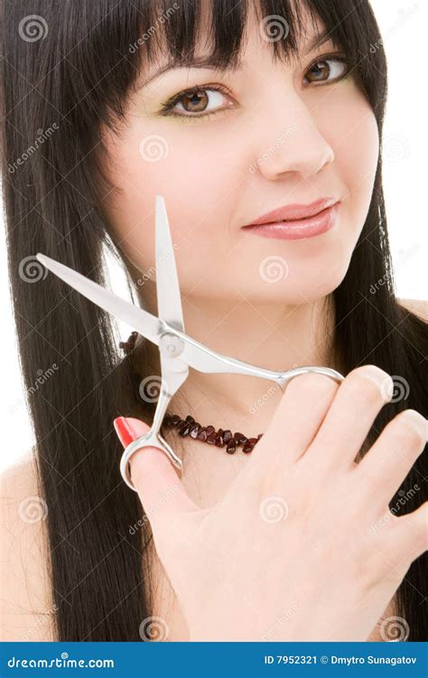 Lovely Brunette With Scissors Stock Image Image Of Curls Hairdresser
