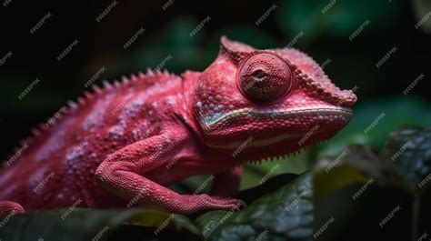 Premium Photo A Red Chameleon Sits On A Leafy Background