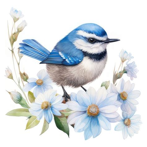 Blue Wren Bird With Flowers Clipart High Quality Jpgs High