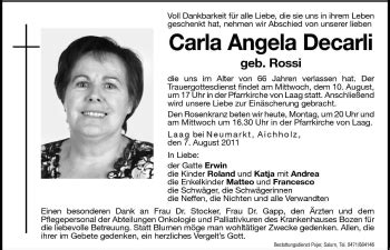 Traueranzeigen Von Carla Angela Decarli Trauer Bz