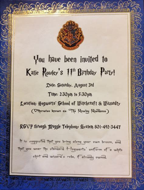 Hogwarts Birthday Invitation Template Harry Potter Birthday Invitations