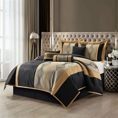 Lanco Moderna Floral 7 Piece Bedding Comforter Set Black Gold Bed Size California King 100