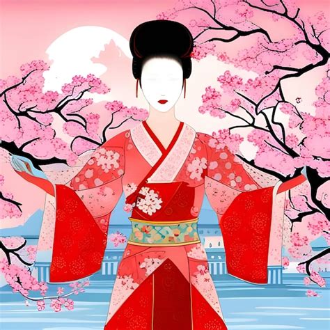 Geisha Japonesa En Colorido Kimono De Seda Rosa En La Hoja De La Flor