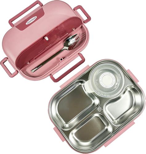 4 Compartments Stainless Steel Lunch Box with Carrying Bag and Spoon (Red) : Amazon.ca: Home