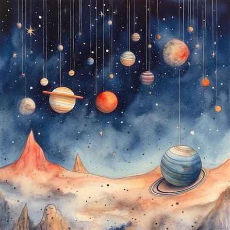 Una Pintura De Acuarela De Planetas Y Lunas Foto Premium