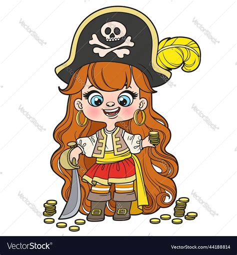 Cute Cartoon Long Haired Pirate Girl With Saber Vector Image